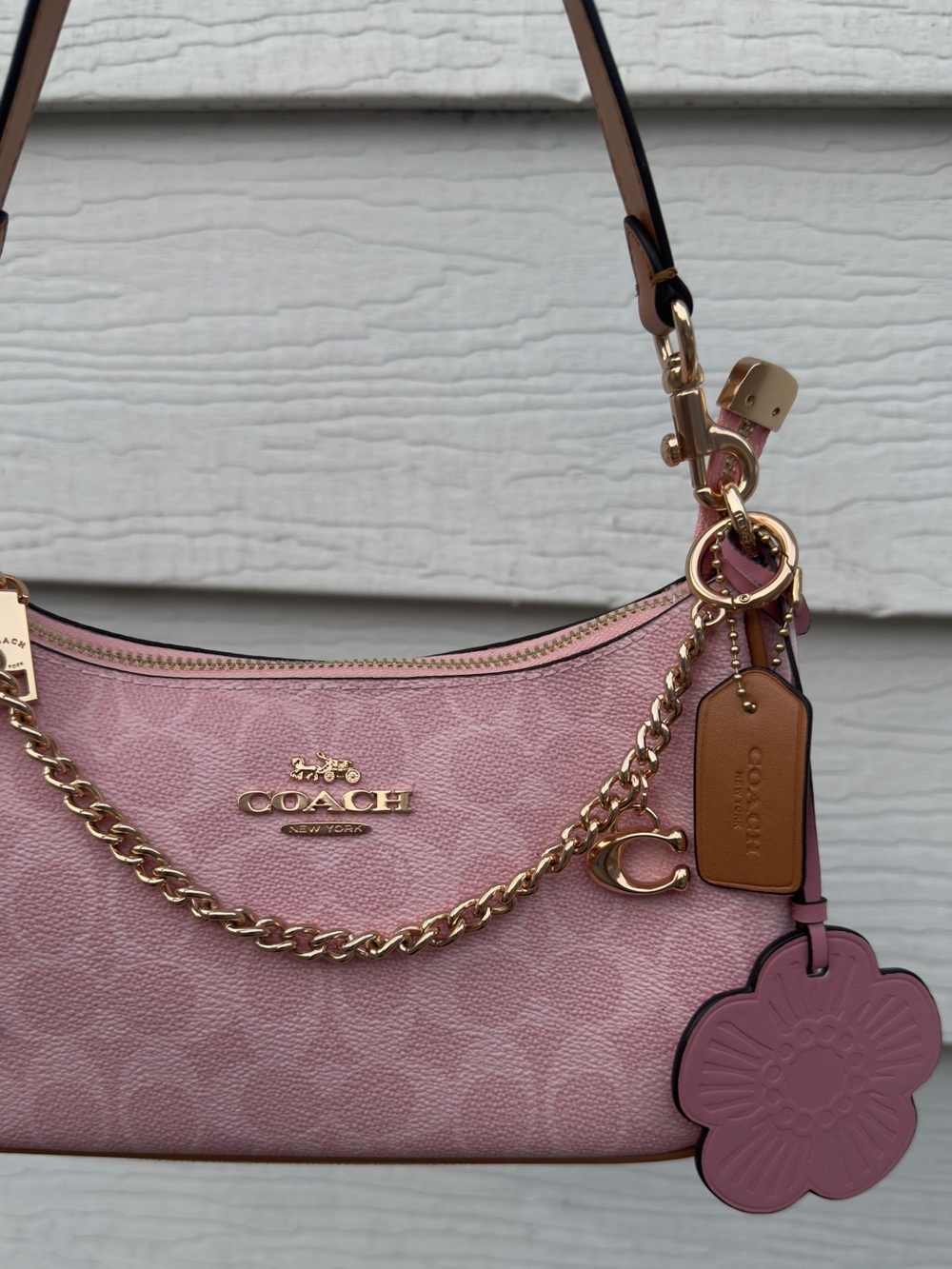 COACH Pink Teri Charm Signature Chain Shoulder Bag with Floral Charm - Picture 7 of 9